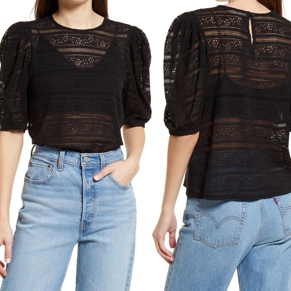 Treasure & Bond Tops - Nordstrom Treasure & Bond Puff Sleeve Stretch Cotton Top Medium M Black Lace
